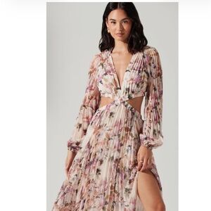 Astr Floral Pleated Sheer Top in Pink and Green